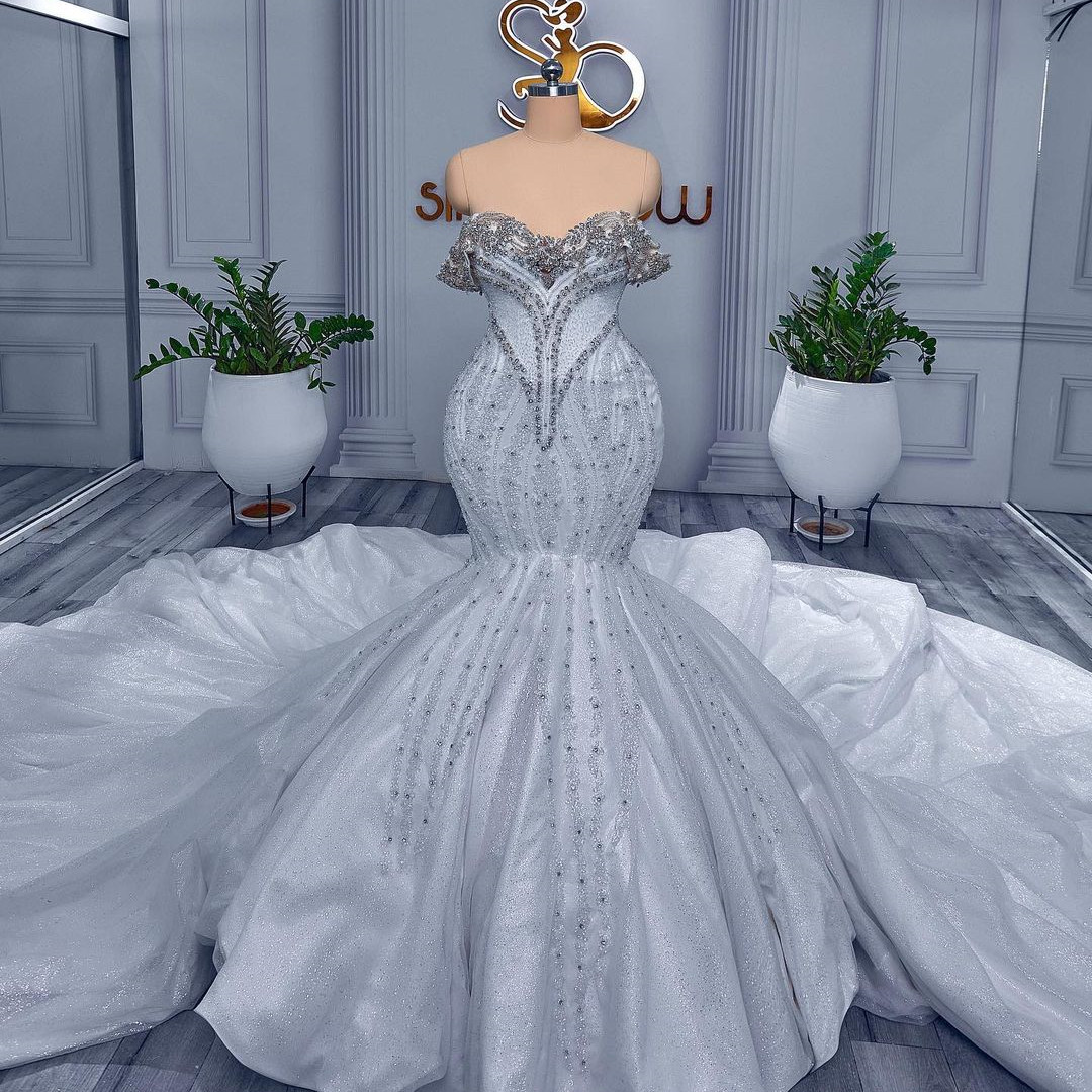 2022 Arabic Aso Ebi Mermaid Wedding Dresses Sparkly Crystals Beaded Lace Bridal Gowns Dress ZJ566