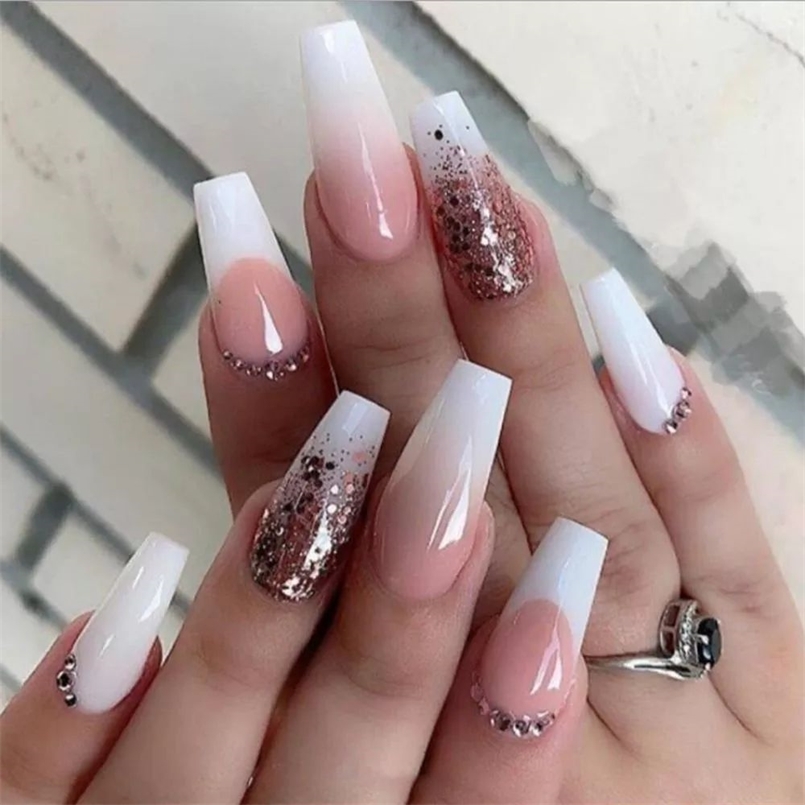 False Nails Coffin French Nail Crystal AB Shine Decorative False Nails Long Ballerina Rhinestones Press On Artificial False Nail Tip 220921