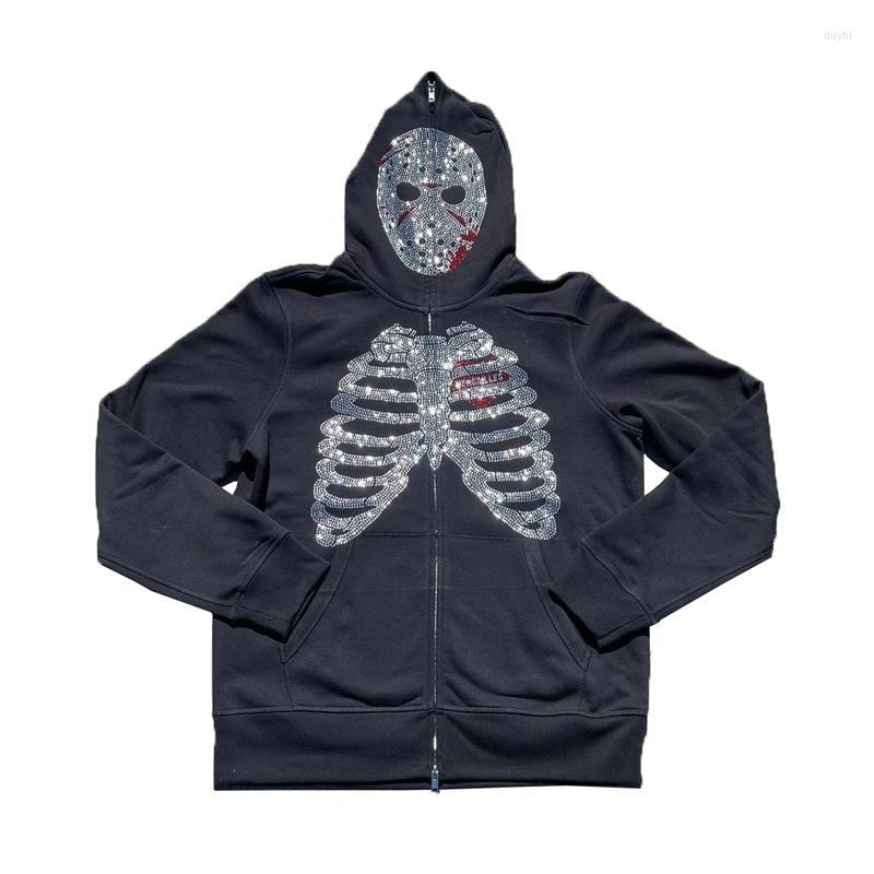 Men's Hoodies Y2K Full Zip Up Hoodie Men Autumn Winter Gothic Rhinestones Web Sweatshirt Hip Hop Grunge Skeleton Oversized Jacket