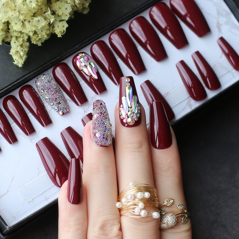 False Nails Burgundy coffin UV fasle nails Luxury crystal Caviar press on nails Box packing drop gift Custom 220921