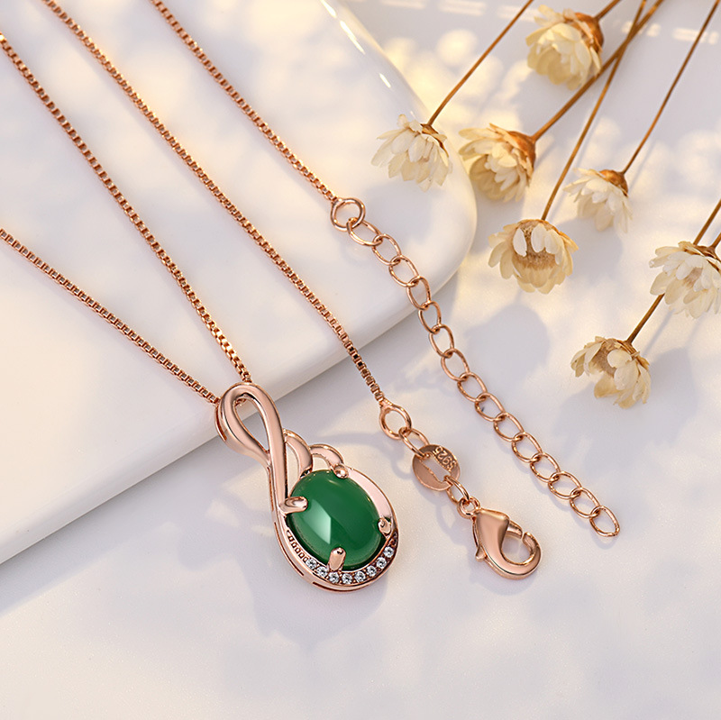 Green Oval Jade Pendant Necklace S925 Silver Plated Engagement Wedding Jewelry Christmas Gift