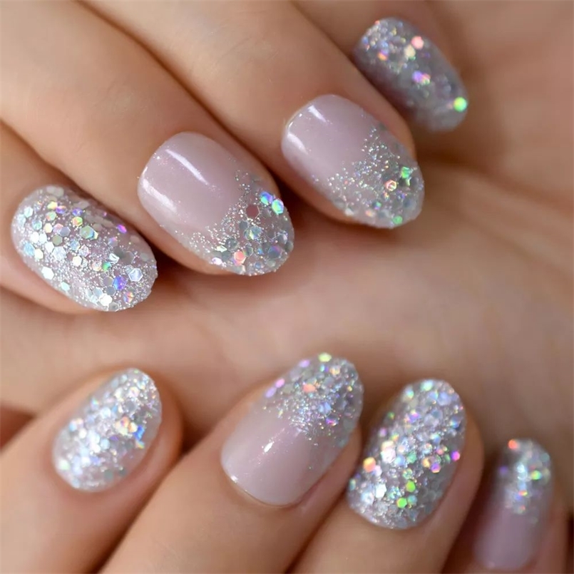 False Nails Silver Glitter Press On Nails Short Style Daily Wear Nude Pink Lady False Nails Oval Shape Nail Art Tips 220921