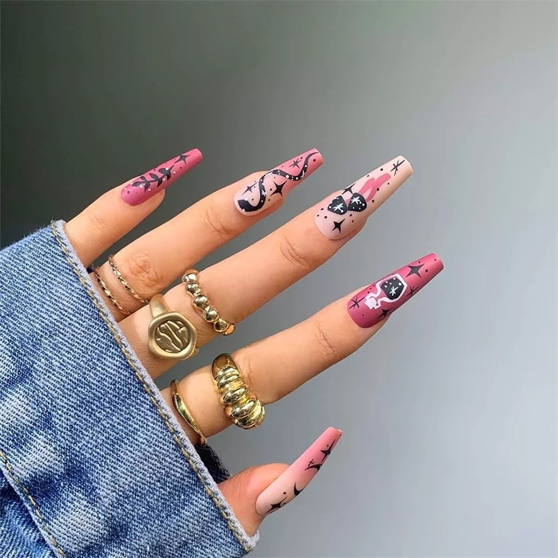 False Nails Long Ballerina Pink Snake Design Artificial Fake With Glue Full Cover Nail Tips Press On 220921