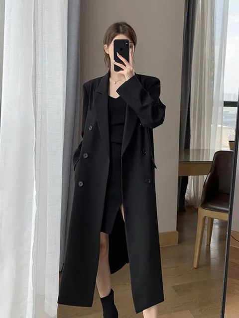 Women's Trench Coats Black Suit Windbreaker Women's Spring Autumn Highend Temperament Office Lady Midlength Trench Coat Black Women Clothes 