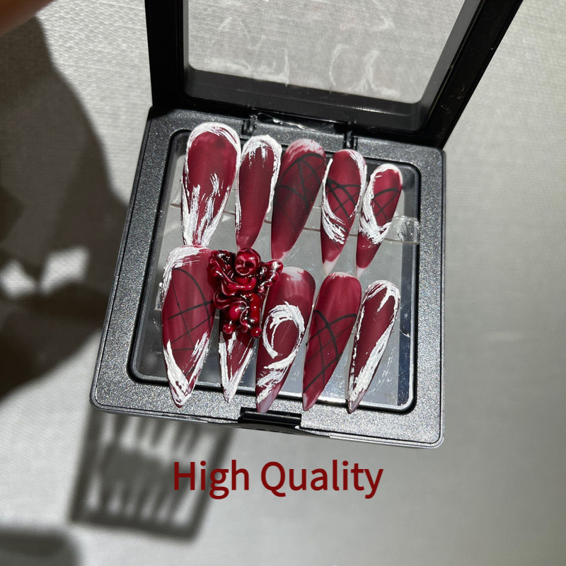 False Nails Gothic Blood Red Angel Design False Nails Aesthetic Y2K Press On Nails Handmade Fake Nail With Glue Reusable Coffin Nail Tips 220921