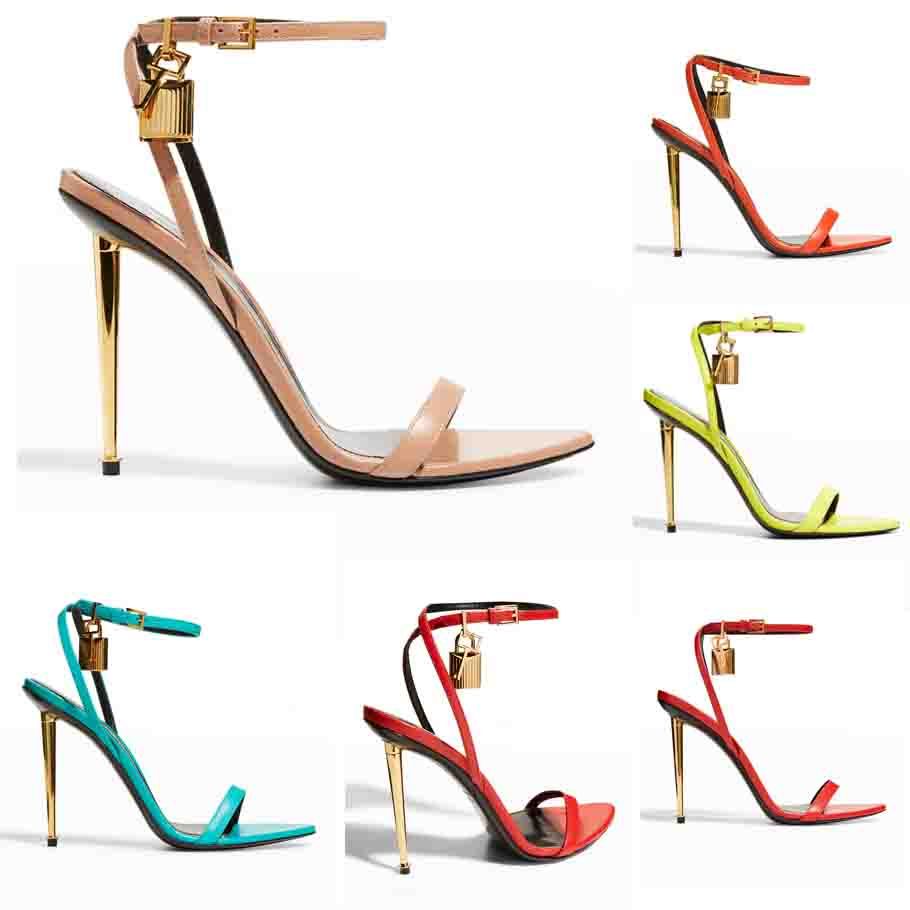 To-for-sandals sandal pointy toe padlock Lock 105mm gold heels Bicolor Ankle-Strap Sandals naked leather pop heel sandals 35-43EU