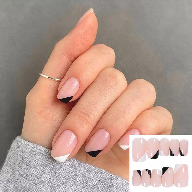 False Nails French False Nail Tips BlackWhite Design Artificial Ballerina Fake Nails With Glue Full Cover Nail Tips Press On Nails 220921
