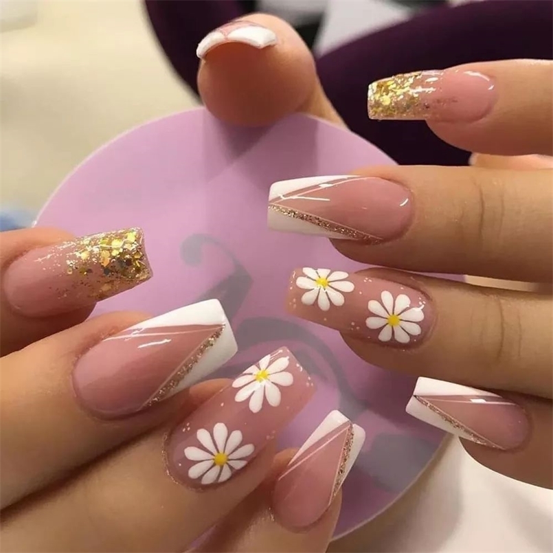 False Nails French False Nails Pretty White Flower Pattern Gold Glitter Ballerina Nail Art Tips with Design Sticker Press on Nails 220921