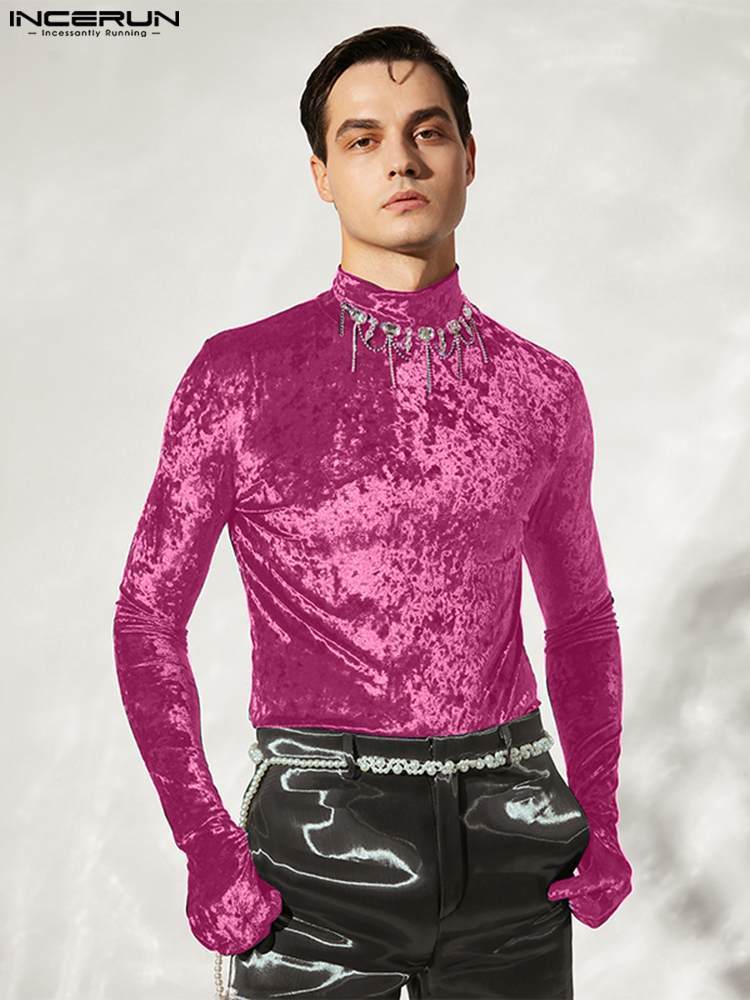 Men's T-Shirts T Shirt Velour Turtleneck Long Sleeve Gloves Cozy Clothing Streetwear Solid Color Autumn Casual Camisetas INCERUN 220920