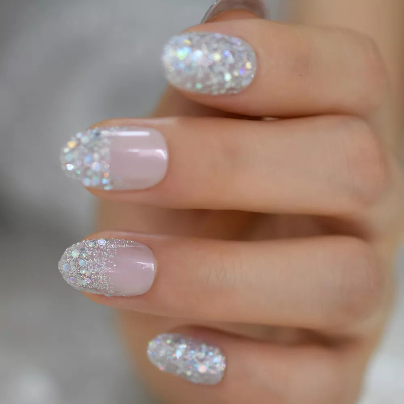 False Nails Silver Glitter Press On Nails Short Style Daily Wear Nude Pink Lady False Nails Oval Shape Nail Art Tips 220921
