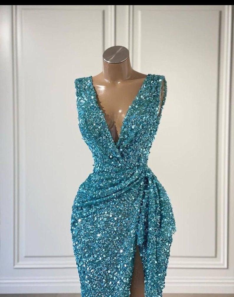 Mermaid Sexy Prom Dresses Arabic Turquoise Sequined Lace Deep V Neck Ruffles Sequins High Side Split Or Length Evening Party Gowns Special Ocn Wears 6