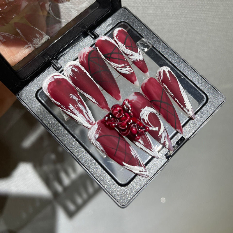 False Nails Gothic Blood Red Angel Design False Nails Aesthetic Y2K Press On Nails Handmade Fake Nail With Glue Reusable Coffin Nail Tips 220921