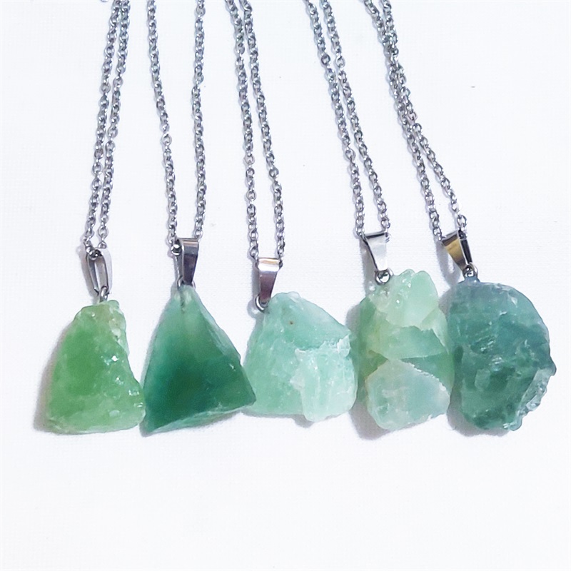 Natural Raw Mineral Stone Pendant Green Fluorite Crystal Stainless steel chain Necklace Wholesale