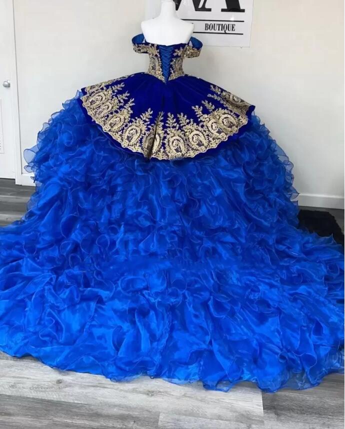 Royal Blue Quinceanera Dresses Horseshoe Lace-up corset Charro mini Mexican XV Girls Pageant Gowns Organza Prom Dress