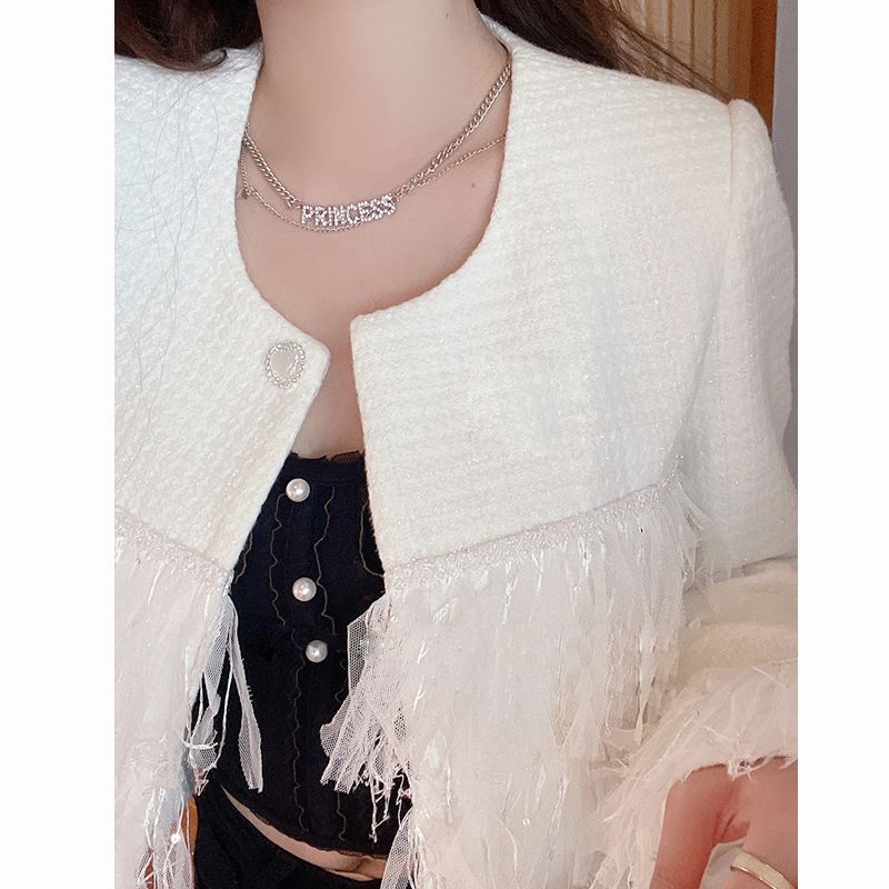 Womens o-neck tassel fringe tweed jacket slim waist woolen short coat SMLXL