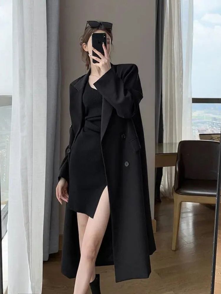 Women's Trench Coats Black Suit Windbreaker Women's Spring Autumn Highend Temperament Office Lady Midlength Trench Coat Black Women Clothes 