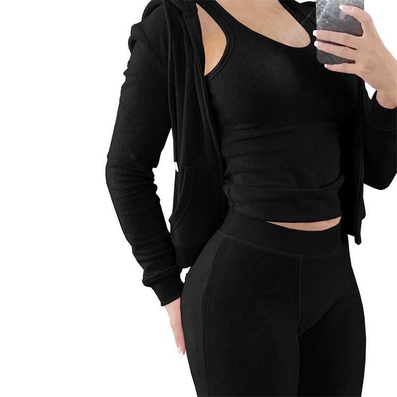 Womens Sport Tracksuits International Station Autumn And Winter New Double-sided Cashmere Vest Hoodie Three Piece Set