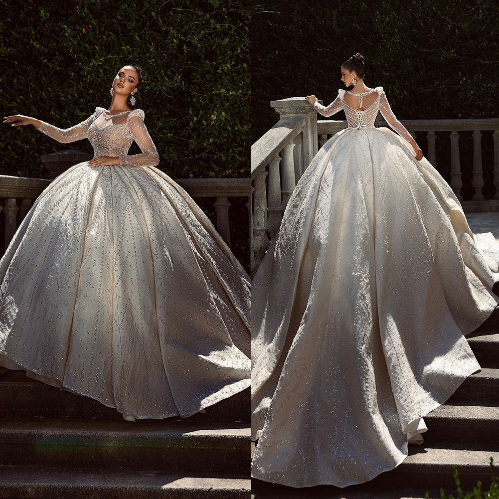 urious Beads Wedding Dress Custom Made Scoop Neck Sleeve Crystal Ball Gown Long Train Church Bridal Dresses