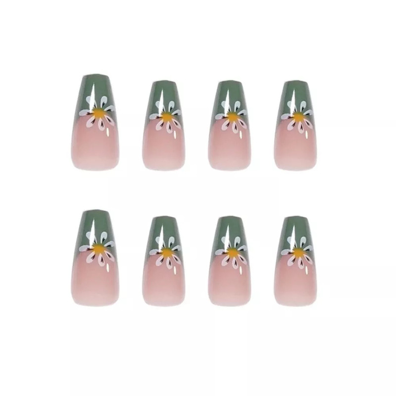 False Nails French False Nails Pretty White Flower Pattern Gold Glitter Ballerina Nail Art Tips with Design Sticker Press on Nails 220921