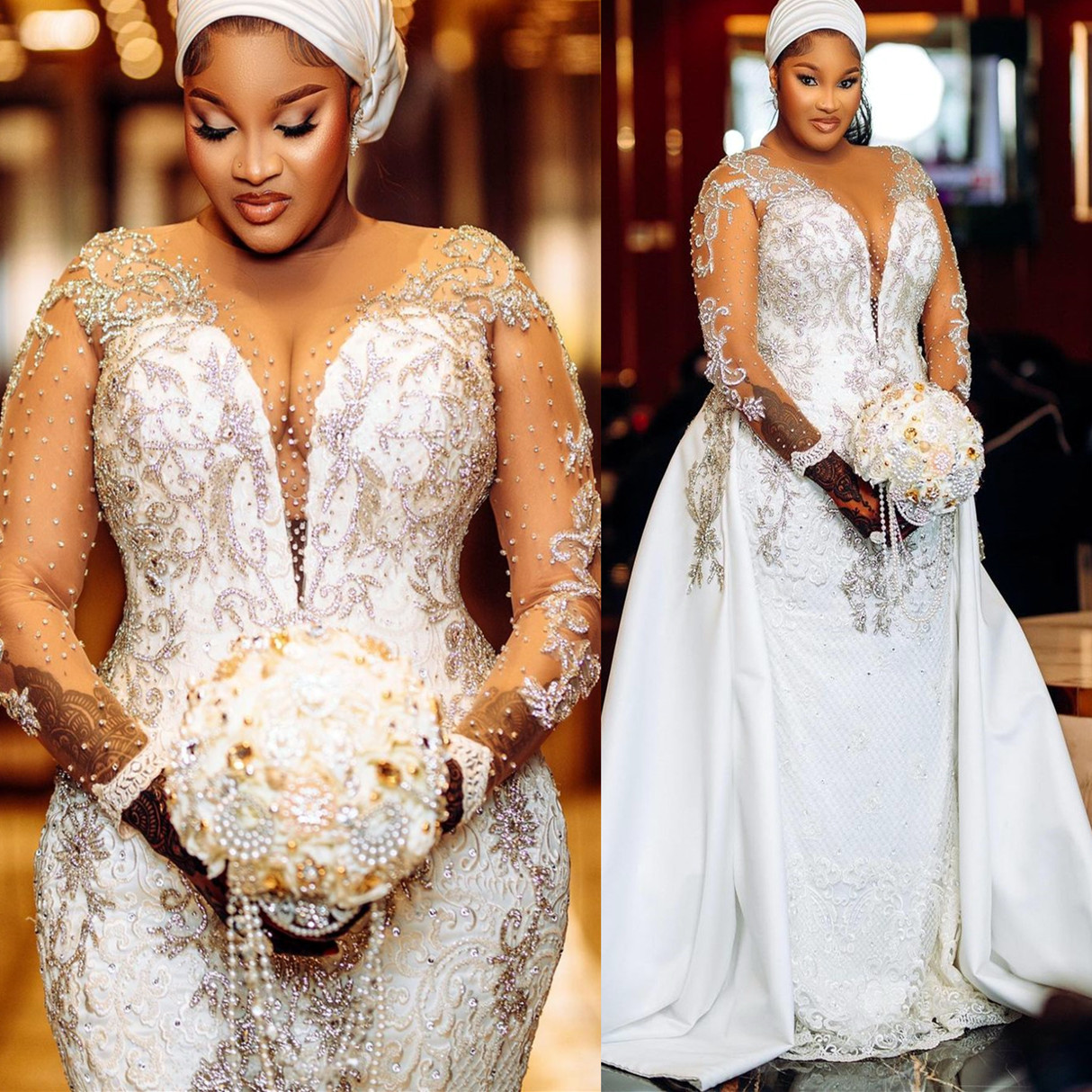 arabic aso ebi mermaid wedding dresses lace crystals beaded sheer neck bridal gowns dress zj566