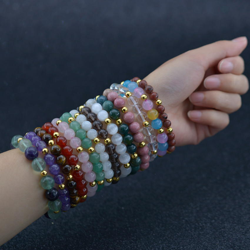 Fashion Natural Stone Strand Bracelet with Gold Stainless Steel Bead Amethyst Healing Stone Crystal Bracelets Semi-precious Stone Jewelry for women
