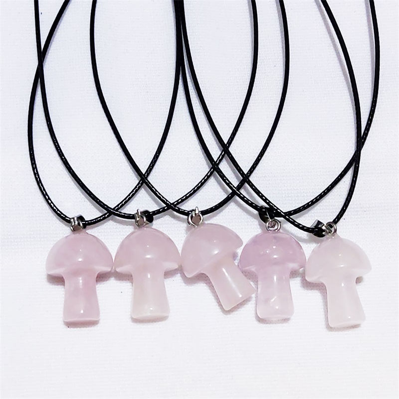 Carved Gemstones Mini Mushroom Pendant Charms Black Rope Chain Women Healing Crystals Figurine Necklace Jewelry
