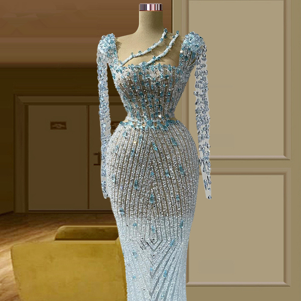 Light Blue Mermaid Prom Dresses Illusion Lace Ruffles Party Dresses Long Sleeves Beading Custom Made Evening Dress