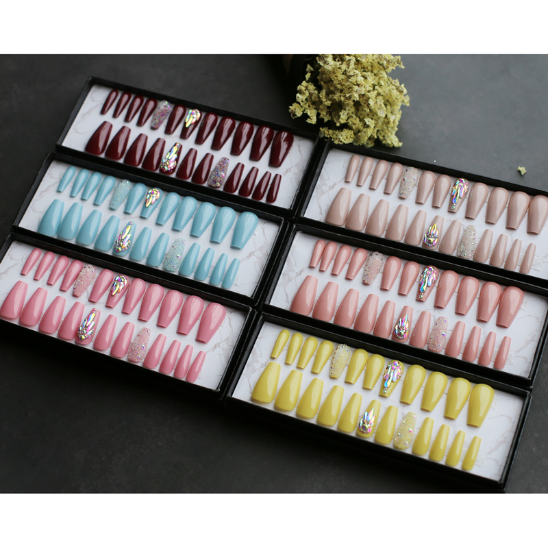 False Nails Burgundy coffin UV fasle nails Luxury crystal Caviar press on nails Box packing drop gift Custom 220921