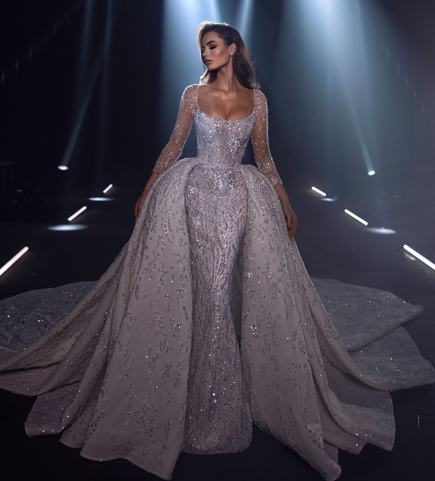 Exquisite Mermaid Wedding Dress With Detachable Tarin Beading Sequined Scoop Neck Bridal Gowns Country Long Sleeve robes de mariee