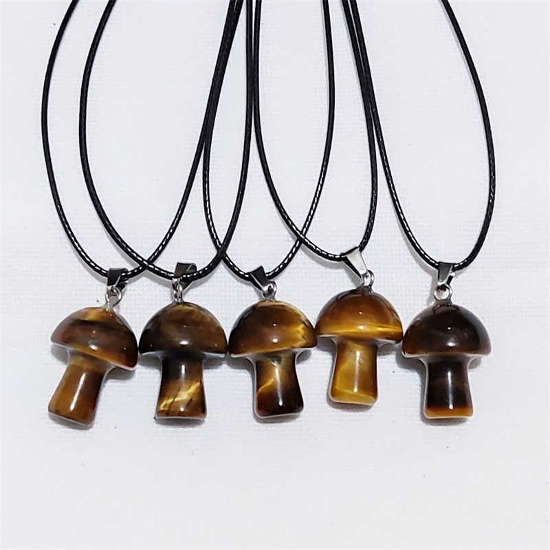 Carved Gemstones Mini Mushroom Pendant Charms Black Rope Chain Women Healing Crystals Figurine Necklace Jewelry