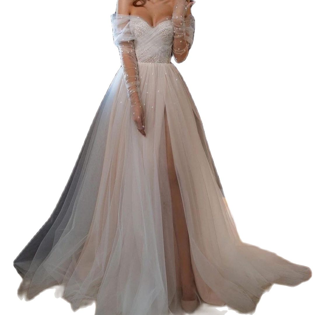 Simple A Line Wedding Dress Elegant Off The Shoulder Puffy Bridal Gowns Long Sleeve High Split Robe De Soiree