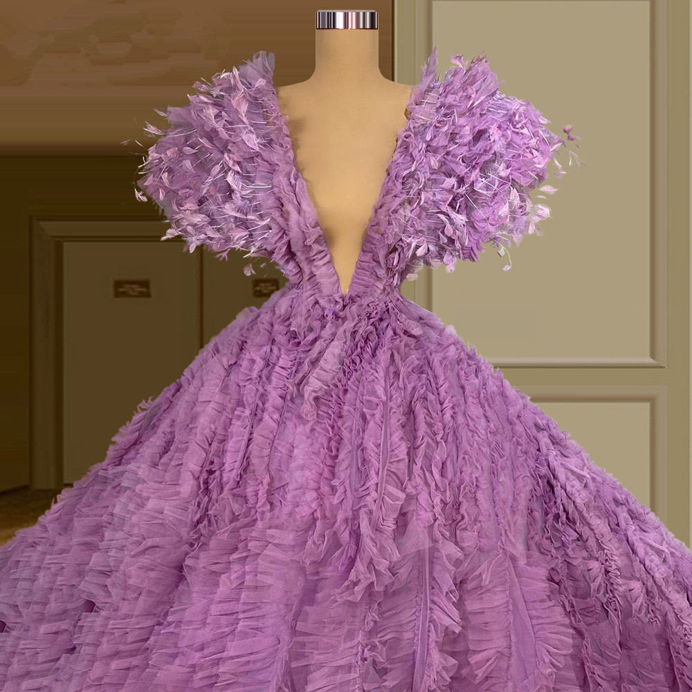 Princess A Line Prom Dresses Tulle Ruffles Puffy Party Dresses Deep V Neck Feathers Custom Made Evening Dress