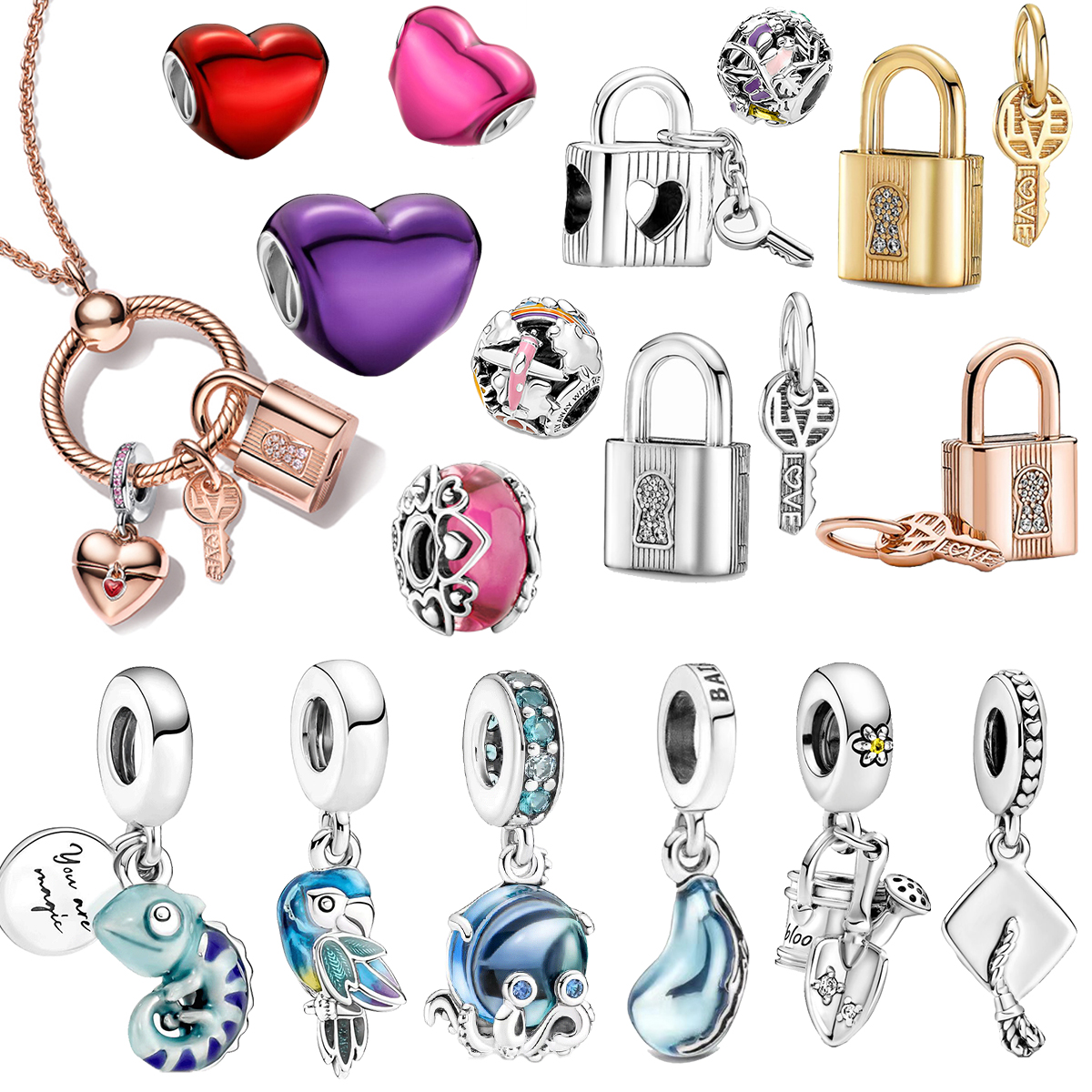 New Popular 925 Sterling Silver Charm Padlock Key and Ladybug Heart Charm for Original Bracelet Women DIY Jewelry Gifts
