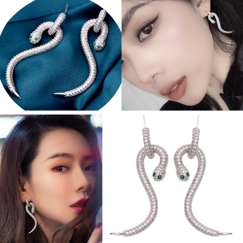 Bling Snake S925 Silver Needle Dangle Earrings White Zircon White Gold Plated Drop Earring Jewelry