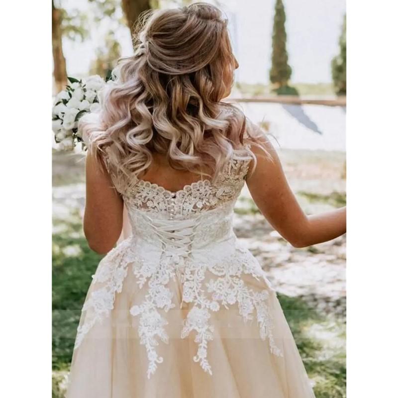 Country Garden Champagne A E Wedding Dress Up Back V Neck Lace Appliques Tulle Sleeveless Bridal Gowns Plus Size Vestido De Novia 403 6660311