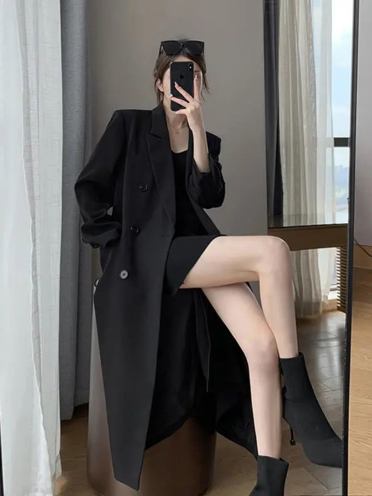 Women's Trench Coats Black Suit Windbreaker Women's Spring Autumn Highend Temperament Office Lady Midlength Trench Coat Black Women Clothes 