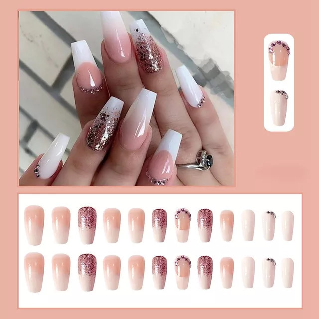 False Nails Coffin French Nail Crystal AB Shine Decorative False Nails Long Ballerina Rhinestones Press On Artificial False Nail Tip 220921