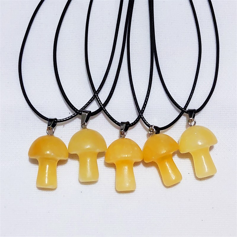 Carved Gemstones Mini Mushroom Pendant Charms Black Rope Chain Women Healing Crystals Figurine Necklace Jewelry
