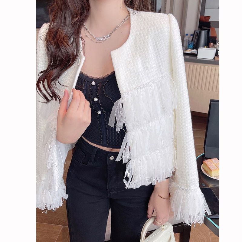 Womens o-neck tassel fringe tweed jacket slim waist woolen short coat SMLXL
