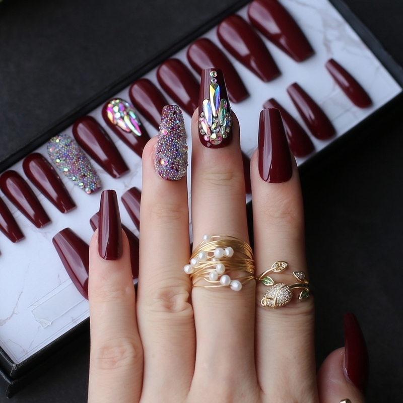 False Nails Burgundy coffin UV fasle nails Luxury crystal Caviar press on nails Box packing drop gift Custom 220921