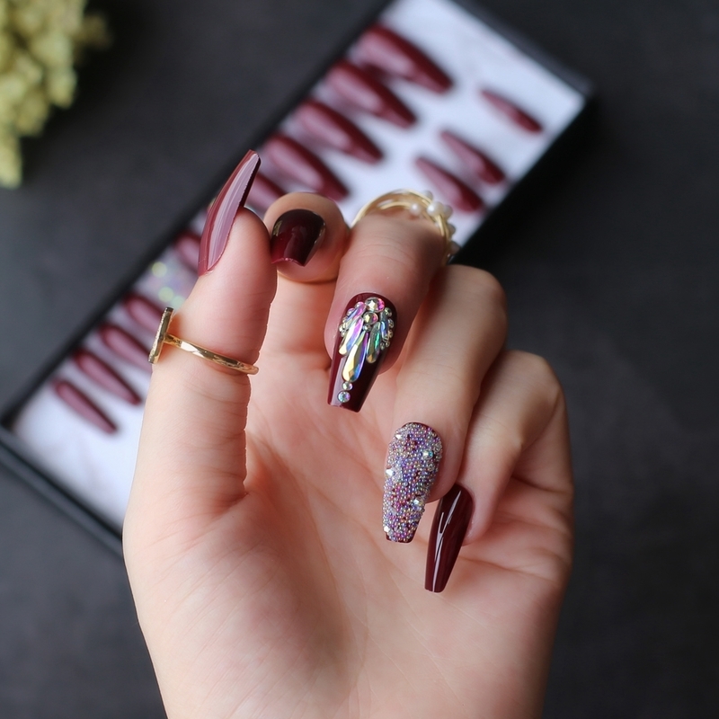 False Nails Burgundy coffin UV fasle nails Luxury crystal Caviar press on nails Box packing drop gift Custom 220921