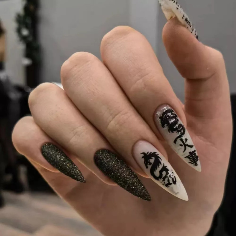 False Nails The Long Stiletto Fake Nails Punk Snake Pattern Black White Matte False Nails Artificial Full Nail Tips Manicure Tools 220921