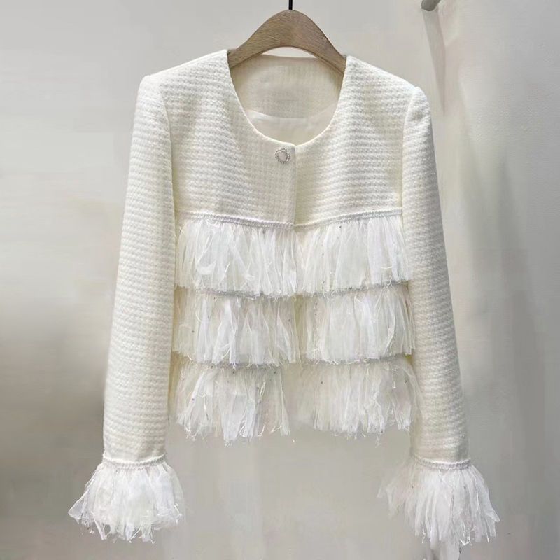 Womens o-neck tassel fringe tweed jacket slim waist woolen short coat SMLXL