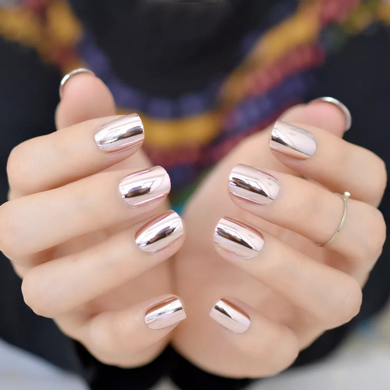 False Nails Mirror Light Soft Pink Metal Plating False French Acrylic Nail Tips Metallic Square Fake Nails Without Nail Glue 220921