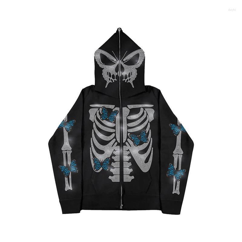 Men's Hoodies Y2K Full Zip Up Hoodie Men Autumn Winter Gothic Rhinestones Web Sweatshirt Hip Hop Grunge Skeleton Oversized Jacket