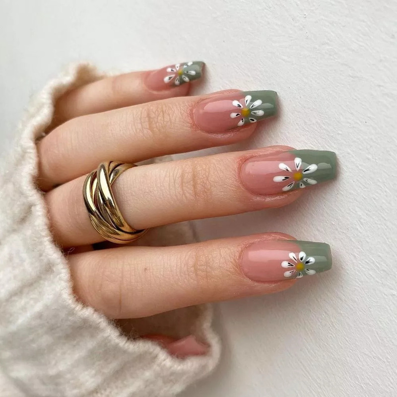 False Nails French False Nails Pretty White Flower Pattern Gold Glitter Ballerina Nail Art Tips with Design Sticker Press on Nails 220921