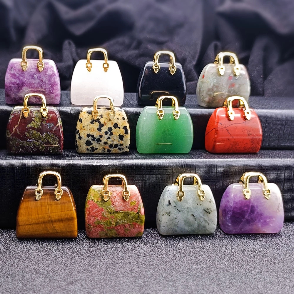Natural Stone Mini Bag Charms Ornament Healing Crystal Reiki Gemstone Tiger's Eye Rose Quartz Pendant Crafts Home Decoration Gift