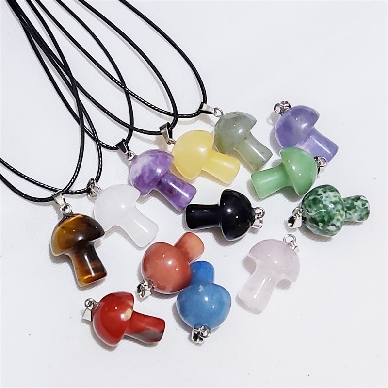 Carved Gemstones Mini Mushroom Pendant Charms Black Rope Chain Women Healing Crystals Figurine Necklace Jewelry