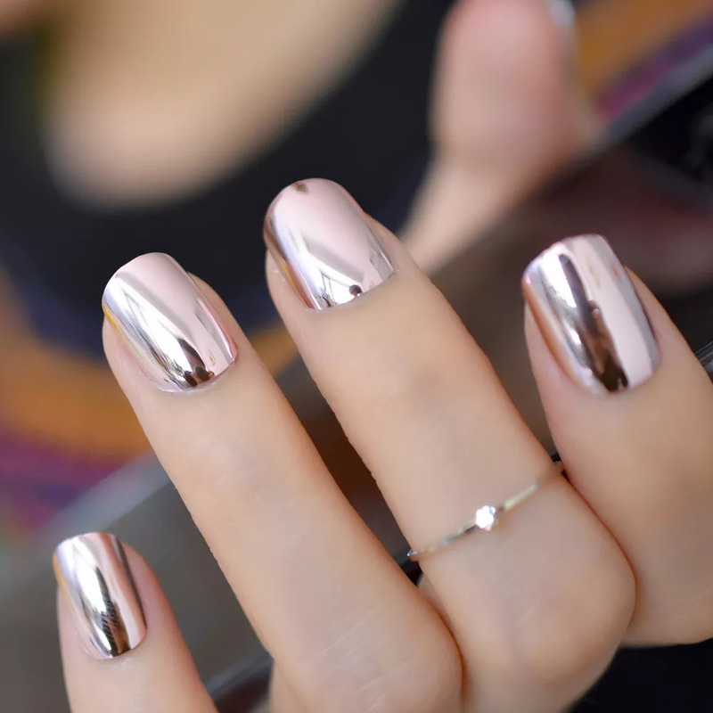 False Nails Mirror Light Soft Pink Metal Plating False French Acrylic Nail Tips Metallic Square Fake Nails Without Nail Glue 220921