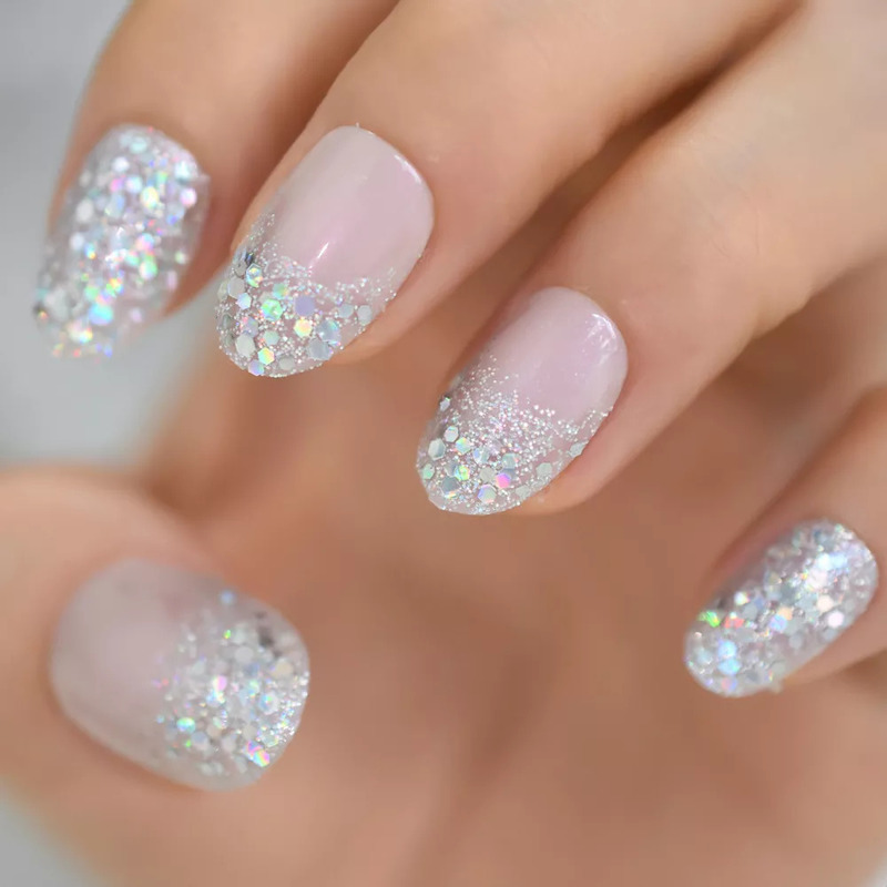 False Nails Silver Glitter Press On Nails Short Style Daily Wear Nude Pink Lady False Nails Oval Shape Nail Art Tips 220921